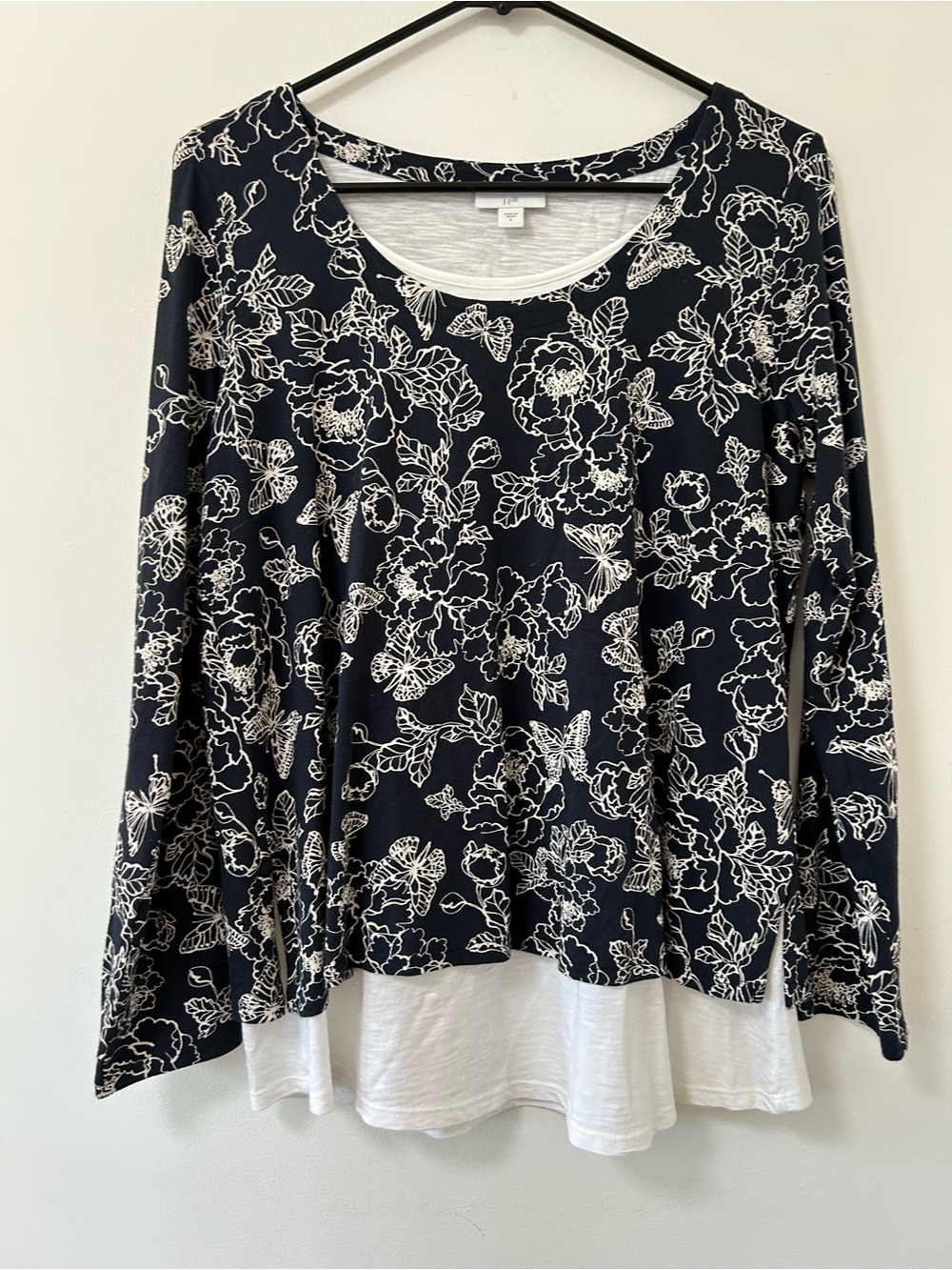 J. Jill Navy Floral Layered Long Sleeve Top with White Hem‎ small butterfly